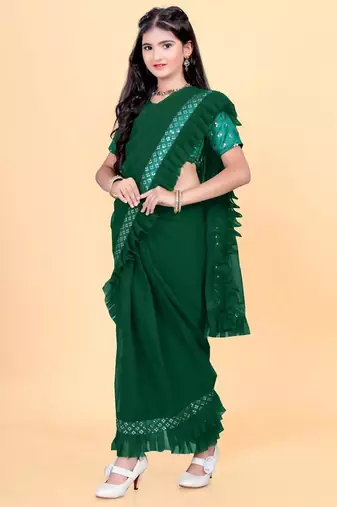Green silk embroidered pre stitched saree with stitched blouse for girls