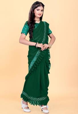 Green silk embroidered pre stitched saree with stitched blouse for girls 3