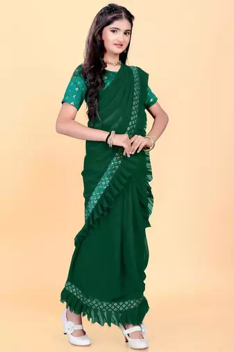 Green silk embroidered pre stitched saree with stitched blouse for girls