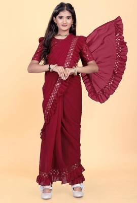 Red silk embroidered pre stitched saree with stitched blouse for girls 1