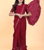 Red silk embroidered pre stitched saree with stitched blouse for girls