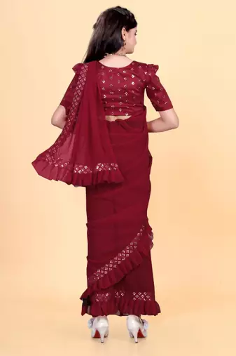 Red silk embroidered pre stitched saree with stitched blouse for girls