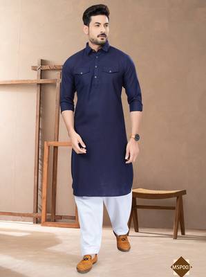 navy blue cotton plain pathani suits for mens wear 2