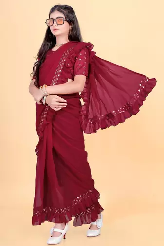 Red silk embroidered pre stitched saree with stitched blouse for girls