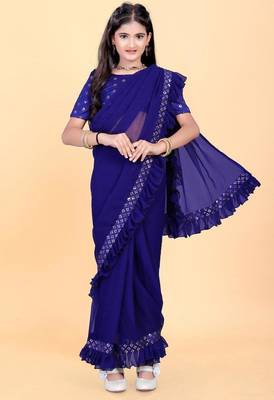 Blue silk embroidered pre stitched saree with stitched blouse for girls 1