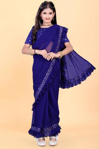 Blue silk embroidered pre stitched saree whit unstitch blouse for girls