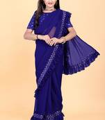 Blue silk embroidered pre stitched saree with stitched blouse for girls