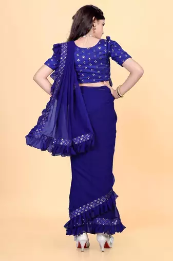 Blue silk embroidered pre stitched saree with stitched blouse for girls