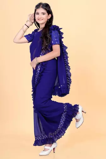 Blue silk embroidered pre stitched saree with stitched blouse for girls