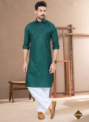 Green brown cotton plain pathani suits for mens wear 1