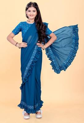 Blue silk embroidered pre stitched saree with stitched blouse for girls 1