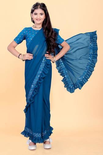 Blue silk embroidered pre stitched saree whit unstitch blouse for girls