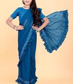 Blue silk embroidered pre stitched saree with stitched blouse for girls