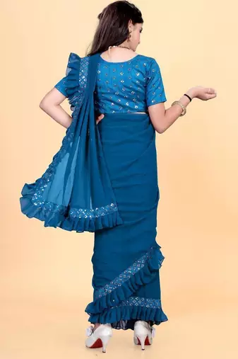 Blue silk embroidered pre stitched saree with stitched blouse for girls