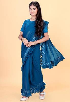 Blue silk embroidered pre stitched saree with stitched blouse for girls 3