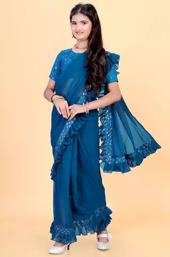 Blue silk embroidered pre stitched saree with stitched blouse for girls