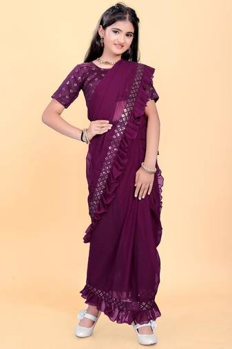Purple silk embroidered pre stitched saree whit unstitch blouse for girls