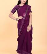 Purple silk embroidered pre stitched saree with stitched blouse for girls
