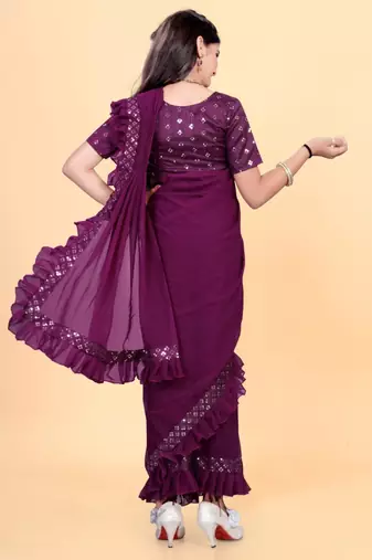 Purple silk embroidered pre stitched saree with stitched blouse for girls