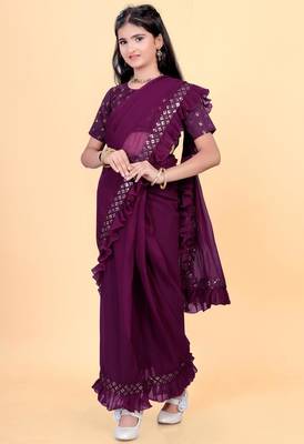 Purple silk embroidered pre stitched saree with stitched blouse for girls 3