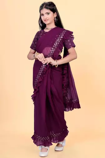 Purple silk embroidered pre stitched saree with stitched blouse for girls