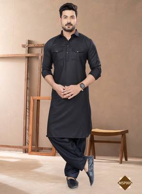 Black cotton plain pathani suits for mens wear 2