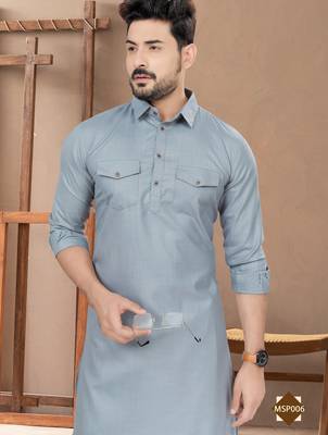 Grey cotton plain pathani suits for mens wear 1