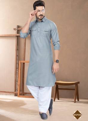 Grey cotton plain pathani suits for mens wear 2