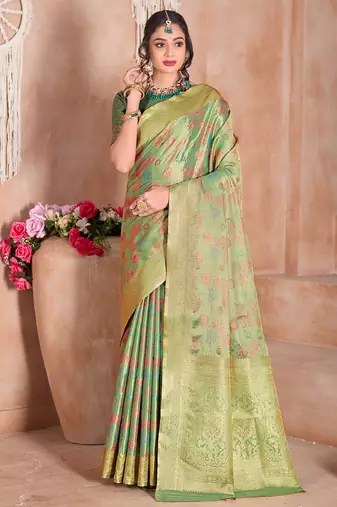 pista traditional prints art silk woven saree comes with matching blouse