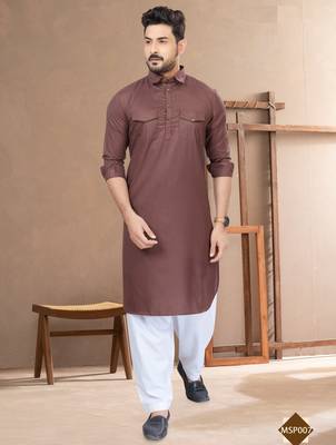 Light brown cotton plain pathani suits for mens wear 1