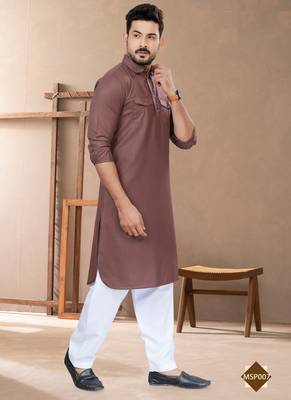 Light brown cotton plain pathani suits for mens wear 2