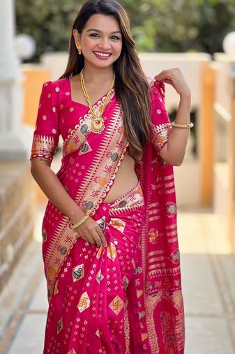 Rani Pink Swastik and Kalash Design Dola silk blend Saree