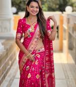 Rani Pink Swastik and Kalash Design Dola silk blend Saree