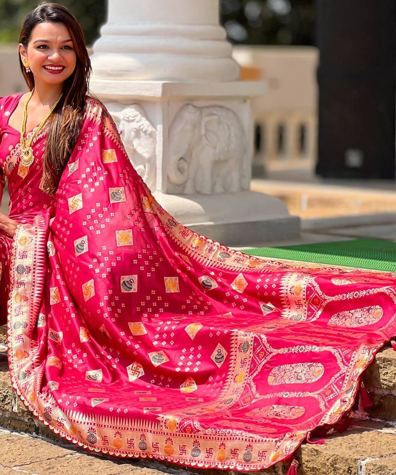 Rani Pink Swastik and Kalash Design Dola silk blend Saree