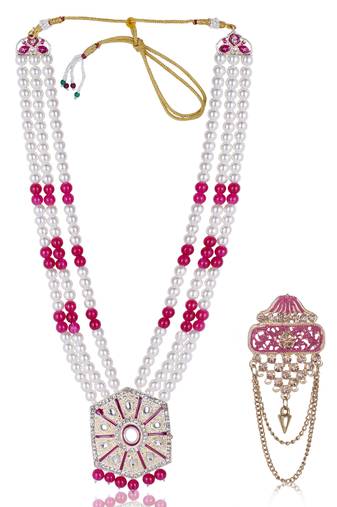 Layered pearl groom mala with gold-plated brooch     classic elegance