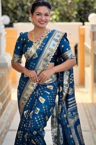 Teal Swastik and Kalash Design Dola silk blend Saree