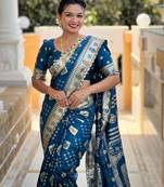 Teal Swastik and Kalash Design Dola silk blend Saree