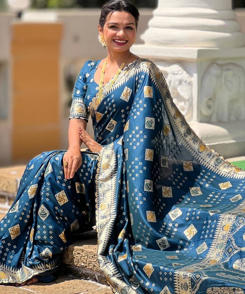 Teal Swastik and Kalash Design Dola silk blend Saree