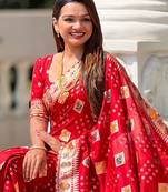 Red Swastik and Kalash Design Dola silk blend Saree