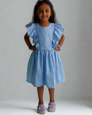 Blue rayon printed dots print dress for girls 1
