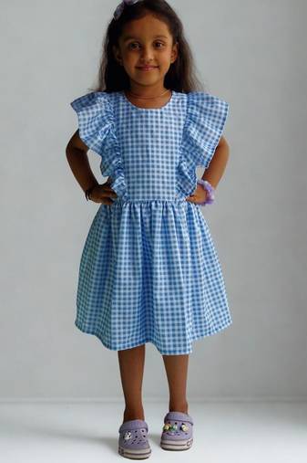 Blue rayon printed dots print dress for girls