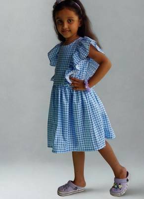 Blue rayon printed dots print dress for girls 2