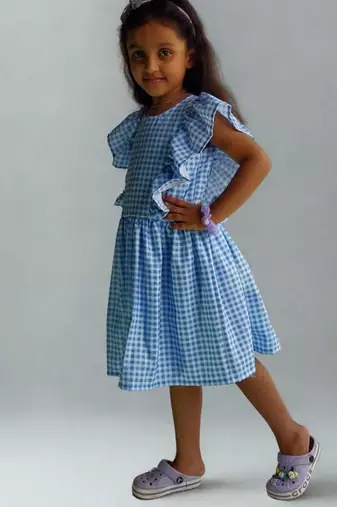 Blue rayon printed dots print dress for girls