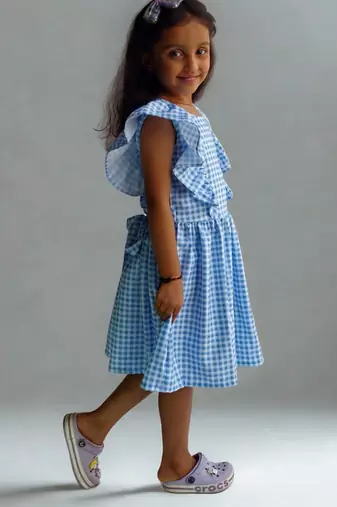 Blue rayon printed dots print dress for girls