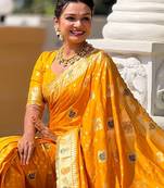Yellow Swastik and Kalash Design Dola silk blend Saree
