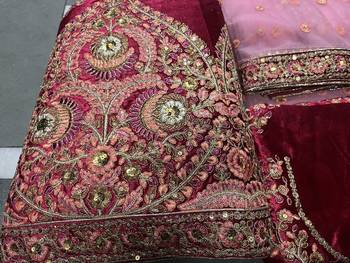 MAROON THREAD ZARI DORI AND SEQUINS EMBROIDEREY WORK VELVET SEMI STITCHED LEHENGA CHOLI 6