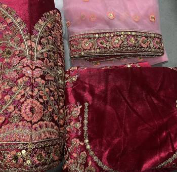 MAROON THREAD ZARI DORI AND SEQUINS EMBROIDEREY WORK VELVET SEMI STITCHED LEHENGA CHOLI 8