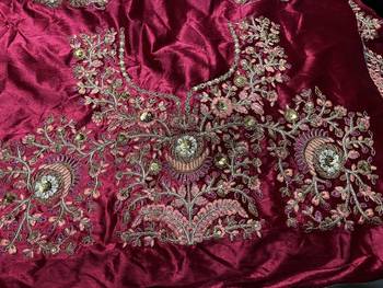 MAROON THREAD ZARI DORI AND SEQUINS EMBROIDEREY WORK VELVET SEMI STITCHED LEHENGA CHOLI 9