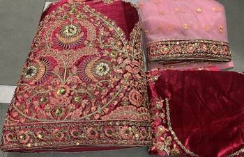 MAROON THREAD ZARI DORI AND SEQUINS EMBROIDEREY WORK VELVET SEMI STITCHED LEHENGA CHOLI 10