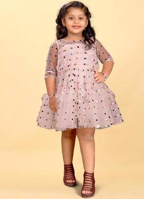 Pink net printed sequins work frock for girls 1